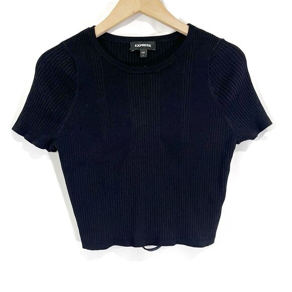 Express Body Contour Cutout Cropped Sweater Knit Top Ribbed Black L - Picture 2 of 5